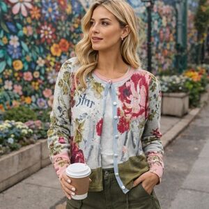 Oui 100% Cotton Printed Button Front Cardigan Sweater | Floral Artsy Lightweight